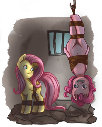 Size: 1725x2144 | Tagged: safe, artist:xeninara, fluttershy, pinkie pie, earth pony, pegasus, pony, g4, belly button, bondage, bound, bound and gagged, bound together, bound wings, dungeon, duo, duo female, female, gag, hook, rope, rope bondage, smiling, suspended, suspension bondage, tape, tape gag, tied up, upside down, wings