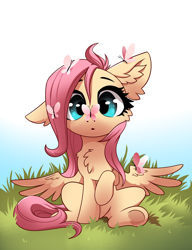 Size: 1600x2080 | Tagged: safe, artist:28gooddays, fluttershy, butterfly, pegasus, pony, :o, butterfly on nose, cheek fluff, chest fluff, cloud, cute, ear fluff, female, full body, grass, insect on nose, looking at something, mare, one ear down, open mouth, raised hoof, shyabetes, sitting, sky, solo, spread wings, underhoof, wings