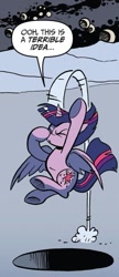 Size: 575x1334 | Tagged: safe, artist:andy price, idw, twilight sparkle, alicorn, pony, g4, spoiler:comic, accord (arc), dialogue, eyes closed, female, hole, jumping, mare, solo, speech bubble, twilight sparkle (alicorn)