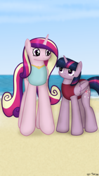 Size: 1080x1920 | Tagged: safe, artist:99999999000, princess cadance, twilight sparkle, alicorn, pony, g4, beach, clothes, duo, duo female, female, folded wings, mare, missing accessory, one-piece swimsuit, requested art, swimsuit, twilight sparkle (alicorn), wings