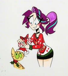 Size: 2501x2766 | Tagged: safe, artist:citi, starlight glimmer, cat, human, g4, blushing, christmas, christmas sweater, clothes, collar, grin, hat, high res, holiday, holly, humanized, present, santa hat, smiling, sweater