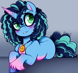 Size: 865x811 | Tagged: safe, artist:esmeia, misty brightdawn, pony, unicorn, g5, abstract background, blue background, cornrows, female, freckles, green background, jewelry, looking at you, mare, medallion, necklace, simple background, solo, unshorn fetlocks
