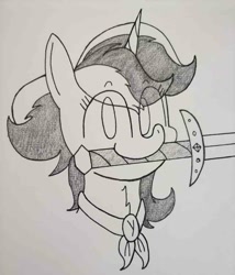 Size: 750x875 | Tagged: safe, artist:spoopygirl, pony, unicorn, lineart, mouth hold, shading, sword, traditional art, weapon