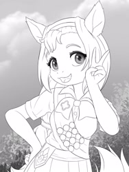 Size: 1200x1600 | Tagged: safe, artist:symbianl, sunny starscout, earth pony, anthro, g5, female, filly guides, girl scout uniform, grayscale, hand on hip, looking at you, monochrome, open mouth, open smile, peace sign, smiling, solo