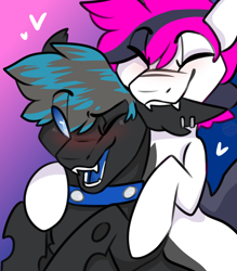 Size: 1400x1600 | Tagged: safe, artist:kardevour, oc, oc only, oc:lance, oc:spatium ventus, bat pony, changeling, pony, biting, blushing, collar, duo, ear bite, eyes closed, multicolored hair, one eye closed, open mouth, open smile, smiling