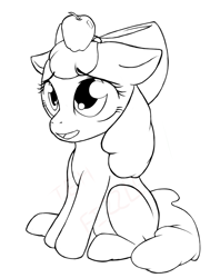 Size: 793x1000 | Tagged: safe, artist:nessia, apple bloom, earth pony, pony, g4, apple, female, filly, foal, food, lineart, sitting, solo