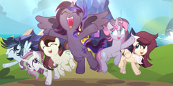 Size: 1269x629 | Tagged: safe, artist:dustyygrey, artist:pegaskki, artist:sapphireartemis, oc, oc only, oc:azurite shine, oc:obsidian sparkle, oc:pandora, oc:storm, oc:sucrose sparkle, oc:sweet melody, alicorn, dracony, earth pony, hybrid, pegasus, pony, unicorn, alicorn oc, alternate mane six, base used, earth pony oc, female, freckles, glasses, horn, interspecies offspring, magical lesbian spawn, mare, offspring, parent:applejack, parent:coloratura, parent:discord, parent:fluttershy, parent:king sombra, parent:pinkie pie, parent:rainbow dash, parent:rarity, parent:soarin', parent:spike, parent:twilight sparkle, parents:discoshy, parents:rarajack, parents:soarindash, parents:sparity, parents:twibra, parents:twinkie, pegasus oc, scar, twilight's castle, unicorn oc, unshorn fetlocks, uvula, wall of tags, water, waterfall, wings