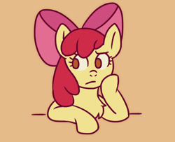 Size: 589x478 | Tagged: safe, artist:felicitea, apple bloom, earth pony, pony, g4, chest fluff, female, filly, foal, frown, hoof on cheek, simple background, solo