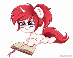 Size: 2200x1757 | Tagged: safe, artist:madelinne, pony, unicorn, book, chibi, cute, glasses, lying down, red hair, solo, study