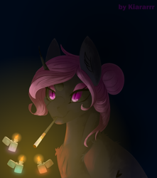 Size: 1150x1300 | Tagged: safe, artist:kiararrr, oc, oc only, oc:keiran, pony, unicorn, edgy, female, light, mare, simple background, smiling, smoking