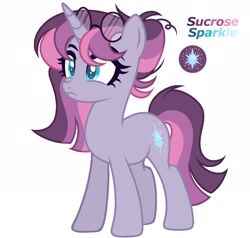 Size: 1569x1495 | Tagged: safe, artist:dustyygrey, artist:mint-light, oc, oc only, oc:sucrose sparkle, pony, unicorn, base used, bun hairstyle, colored pupils, cutie mark, glasses, magical lesbian spawn, messy mane, offspring, parent:pinkie pie, parent:twilight sparkle, parents:twinkie, reference sheet, simple background, solo, white background