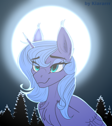 Size: 1150x1300 | Tagged: safe, artist:kiararrr, princess luna, alicorn, pony, g4, bust, forest, moon, portrait, smiling, solo, young luna