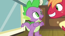 Size: 1920x1080 | Tagged: safe, screencap, big macintosh, spike, dragon, earth pony, pony, g4, season 8, the break up breakdown, 1080p, duo, grin, looking at each other, looking at someone, male, open mouth, open smile, smiling, stallion