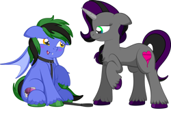 Size: 1920x1485 | Tagged: safe, artist:alexdti, oc, oc only, bat pony, pony, unicorn, bat pony oc, bat wings, blushing, chest fluff, collar, duo, ears back, fangs, full body, hooves, horn, leash, lidded eyes, looking at each other, looking at someone, narrowed eyes, open mouth, open smile, partially open wings, raised hoof, simple background, sitting, smiling, standing, tail, transparent background, two toned mane, two toned tail, unicorn oc, unshorn fetlocks, wings
