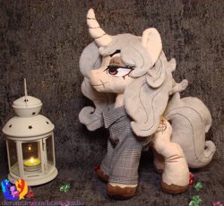 Size: 2506x2304 | Tagged: safe, artist:1stastrastudio, oc, oc only, pony, unicorn, clothes, commission, curved horn, high res, horn, irl, lantern, photo, plushie, scar, shirt, solo, unshorn fetlocks