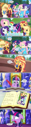 Size: 2176x8918 | Tagged: safe, artist:silverbuller, edit, edited screencap, screencap, applejack, fluttershy, rainbow dash, rarity, sci-twi, sunset shimmer, twilight sparkle, alicorn, horse, human, pony, equestria girls, festival filters, g4, my little pony equestria girls: better together, book, comic, funny, furry confusion, glasses, horse head, prank, quill, screencap comic, shocked, shocked expression, sunglasses, twilight sparkle (alicorn), twilight's castle