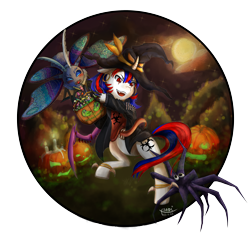 Size: 3120x2936 | Tagged: safe, artist:xsadi, oc, oc only, oc:snowi, butterfly, insect, moth, pony, spider, unicorn, blue mane, candle, candy, clothes, costume, female, female oc, food, grass, green light, halloween, halloween costume, hat, high res, holiday, horn, mare, moon, multicolored mane, night, pet, pets, pony oc, pumpkin, red eyes, red mane, sweets, unicorn oc, white pony, witch hat