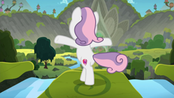 Size: 1920x1080 | Tagged: safe, screencap, sweetie belle, pony, unicorn, g4, season 8, surf and/or turf, 1080p, arms wide open, bipedal, butt, female, filly, foal, harmonizing heights, plot, solo, sweetie butt