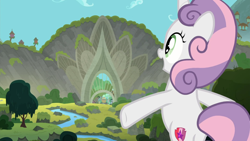 Size: 1920x1080 | Tagged: safe, screencap, sweetie belle, pony, unicorn, g4, season 8, surf and/or turf, 1080p, arms wide open, bipedal, butt, female, filly, foal, harmonizing heights, open mouth, open smile, plot, smiling, solo