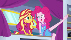 Size: 1920x1080 | Tagged: safe, screencap, pinkie pie, sunset shimmer, human, equestria girls, equestria girls specials, g4, my little pony equestria girls: better together, my little pony equestria girls: sunset's backstage pass, barefoot, clothes, feet, nightgown, one leg raised, out of context, pajamas