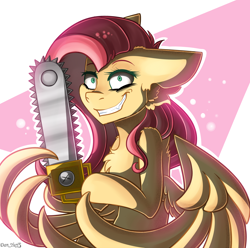 Size: 2580x2555 | Tagged: safe, artist:yuris, fluttershy, pegasus, pony, .mov, shed.mov, g4, chainsaw, crazy smile, ears back, female, fluttershed, grin, high res, pony.mov, scene interpretation, simple background, smiling, solo, spread wings, wings