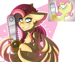 Size: 3080x2555 | Tagged: safe, alternate version, artist:hotdiggedydemon, artist:yuris, fluttershy, pegasus, pony, .mov, shed.mov, g4, chainsaw, crazy smile, ears back, female, grin, high res, pony.mov, screencap reference, simple background, smiling, solo, spread wings, wings