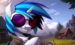 Size: 1280x768 | Tagged: safe, ai assisted, ai content, artist:darbarri, derpibooru exclusive, generator:stable diffusion, dj pon-3, vinyl scratch, unicorn, semi-anthro, g4, arm hooves, clothes, detailed background, female, glasses, jacket, mare, smiling, solo, sunglasses, wallpaper