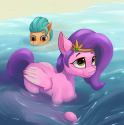 Size: 1908x1914 | Tagged: safe, artist:foxpit, hitch trailblazer, pipp petals, earth pony, pegasus, pony, g5, :3, adorapipp, circlet, cute, duo, eyes on the prize, female, folded wings, male, mare, outdoors, partially submerged, ship:pitch, shipping, stallion, straight, submerged, three quarter view, water, wide hips, wings