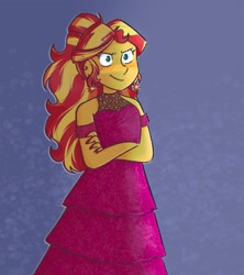 Size: 1822x2048 | Tagged: safe, artist:sunsetslight, sunset shimmer, human, equestria girls, g4, blushing, clothes, crossed arms, dress, ear piercing, earring, fall formal, female, jewelry, nail polish, piercing, ponytail, solo