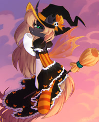 Size: 1280x1580 | Tagged: safe, artist:astralblues, oc, oc only, oc:recina, changeling, changeling queen, broom, changeling queen oc, clothes, female, flying, flying broomstick, hat, socks, solo, striped socks, witch hat