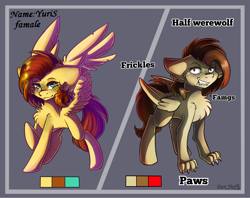 Size: 2400x1900 | Tagged: safe, artist:yuris, oc, oc only, oc:yuris, pegasus, pony, werewolf, ears, fangs, female, folded wings, freckles, grin, paws, red eyes, reference, simple background, smiling, solo, spread wings, wings