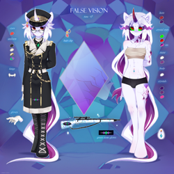 Size: 5000x5000 | Tagged: safe, artist:zlatavector, oc, oc only, oc:false vision, crystal pony, unicorn, anthro, unguligrade anthro, absurd file size, absurd resolution, bandage, bandage bra, black panties, breasts, chestbreasts, clothes, commission, crystal, female, futa, futa oc, gun, herm, intersex, long hair, long tail, looking at you, reference sheet, rifle, solo, sombra eyes, tail, underwear, uniform, weapon