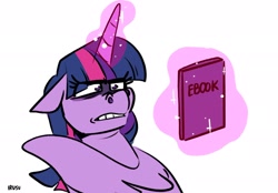 Size: 2048x1423 | Tagged: safe, artist:lrusu, twilight sparkle, alicorn, pony, g4, disgusted, ebook, heresy, kindle, levitation, magic, simple background, solo, telekinesis, twilight sparkle (alicorn), twilight sparkle is not amused, unamused, white background