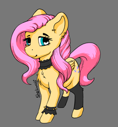 Size: 1527x1640 | Tagged: safe, artist:shaliwolf, fluttershy, pegasus, pony, g4, chest fluff, choker, clothes, ear piercing, female, folded wings, gray background, heart, heart eyes, leg warmers, looking at you, mare, piercing, simple background, smiling, smiling at you, socks, solo, spiked wristband, standing, three quarter view, wingding eyes, wings, wristband
