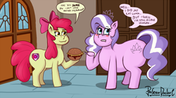 Size: 1435x800 | Tagged: safe, artist:professordoctorc, apple bloom, diamond tiara, earth pony, pony, blushing, burger, chubby, chubby diamond, commission, dialogue, duo, duo female, fat, fat fetish, feedee, feeder, female, fetish, filly, foal, food, hay burger, weight gain