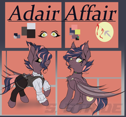 Size: 4922x4562 | Tagged: safe, artist:shade stride, oc, oc:adair affair, bat pony, pony, bat pony oc, bat wings, clothes, reference sheet, sitting, solo, standing, sword, watermark, weapon, wings