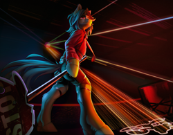 Size: 3500x2723 | Tagged: safe, artist:mithriss, oc, oc only, oc:mattriel, earth pony, pony, semi-anthro, arm hooves, bipedal, clothes, club, commission, dark background, earth pony oc, garter belt, garters, high res, laser, light, long mane, long mane male, male, necktie, pink eyes, red light, red shirt, road sign, shorts, smiling, smirk, smug, stallion