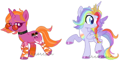 Size: 3464x1781 | Tagged: safe, artist:mint-light, artist:vernorexia, oc, oc:destiny, oc:mimosa, alicorn, pony, unicorn, alicorn oc, base used, blaze (coat marking), braid, choker, coat markings, colored wings, commission, crown, duo, facial markings, female, gradient legs, gradient wings, hooves, horn, jewelry, lesbian, lesbian pride flag, long hair, markings, multicolored hair, pride, pride flag, rainbow hair, regalia, short hair, signature, simple background, sunglasses, transparent background, undercut, unicorn oc, watermark, wings
