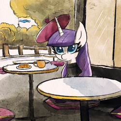 Size: 2048x2048 | Tagged: safe, artist:thebigstuff89, rarity, pony, unicorn, g4, alternate hairstyle, beatnik rarity, beret, bread, cafe, clothes, coffee, croissant, food, hat, high res, outfit, solo, sweater, traditional art, tree, turtleneck