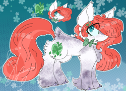 Size: 1381x1000 | Tagged: safe, artist:mooninuggets77, oc, oc only, oc:abeline rouge, pony, unicorn, abstract background, body freckles, bow, cloven hooves, eye clipping through hair, female, fluffy, freckles, mare, offspring, parent:big macintosh, parent:rarity, parents:rarimac, solo, unshorn fetlocks