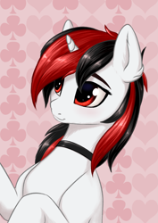 Size: 2749x3888 | Tagged: safe, artist:koshakevich, oc, oc only, oc:blackjack, pony, unicorn, fallout equestria, fallout equestria: project horizons, abstract background, choker, fanfic art, female, high res, horn, mare, small horn, solo