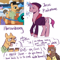 Size: 2048x2048 | Tagged: safe, artist:regularcitrus, buddy, frying pan (g4), heisenbuck, bird, chicken, earth pony, griffon, pony, unicorn, g4, grannies gone wild, beanie, blunt, breaking bad, clasped hands, clothes, crossover, dialogue, emanata, facial hair, glasses, glowing, glowing horn, griffonized, grin, gus fring, hat, heisenberg, high res, hoodie, hooves, horn, jesse pinkman, las pegasus resident, levitation, lidded eyes, magic, moustache, open mouth, ponified, reference, screencap reference, shirt, smiling, species swap, speech bubble, sweat, sweatdrops, telekinesis, walter white