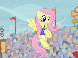 Size: 800x603 | Tagged: safe, screencap, fluttershy, pegasus, pony, common ground, g4, season 9, animated, badass, buckball, cartoon physics, clothes, crowd, cute, female, flapping wings, flutterbadass, flutterspin, flying, gif, grin, lidded eyes, mare, prehensile tail, shyabetes, smiling, smirk, smug, solo focus, spinning, tail, tail hold, uniform, wings