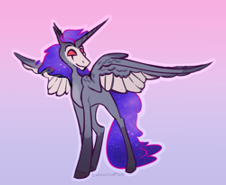 Size: 814x666 | Tagged: safe, artist:clankerss, alicorn, demon, demon pony, pony, ethereal mane, galaxy mane, hellaverse, hellborn, helluva boss, horn, no pupils, ponified, red eyes, solo, spread wings, stolas (helluva boss), wings