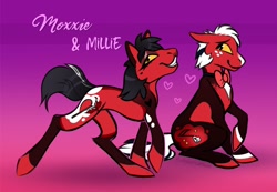 Size: 1190x824 | Tagged: safe, artist:clankerss, demon, demon pony, earth pony, imp, pony, bowtie, canon ship, duo, duo male and female, female, floppy ears, gradient background, heart, hellaverse, hellborn, helluva boss, husband and wife, m&m, male, mare, married couple, millie knolastname, moxxie knolastname, non-mlp shipping, palindrome get, ponified, pose, red eyes, shipping, smiling, stallion, straight, yellow sclera