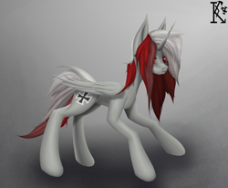 Size: 4000x3300 | Tagged: safe, artist:kirov, oc, oc only, oc:morgensonne, alicorn, pony, angry, female, germany, gray background, gray coat, horn, iron cross, mare, multicolored hair, red eyes, simple background, solo, wings