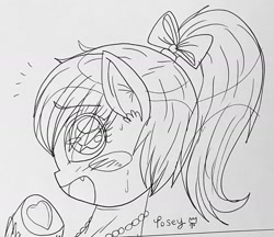 Size: 1844x1592 | Tagged: safe, artist:ponywarlord777, posey bloom, earth pony, pony, g5, blush sticker, blushing, bust, monochrome, open mouth, sketch, solo