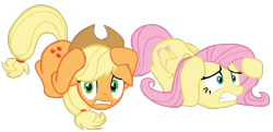 Size: 1174x567 | Tagged: safe, artist:benpictures1, applejack, fluttershy, earth pony, pegasus, pony, g4, viva las pegasus, applejack's hat, clothes, cowboy hat, cute, ducking, duo, duo female, ears, female, floppy ears, hat, inkscape, jackabetes, mare, scared, shyabetes, simple background, transparent background, vector