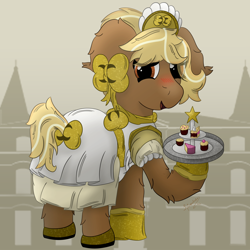 Size: 3000x3000 | Tagged: safe, artist:spiroudada, oc, oc only, oc:white coffee, earth pony, pony, bow, clothes, crossdressing, dress, high res, maid, maid headdress, solo, yellow