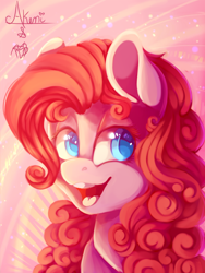 Size: 1268x1690 | Tagged: safe, artist:prettyshinegp, artist:princesscrystal36, pinkie pie, earth pony, pony, g4, :d, abstract background, bust, collaboration, curly mane, female, looking sideways, mare, open mouth, open smile, portrait, smiling, solo